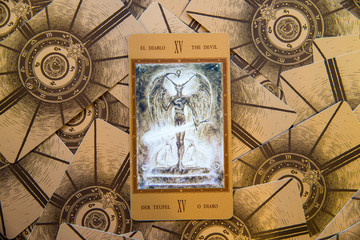 Tarot card The Devil. Labirinth tarot deck. Esoteric background.