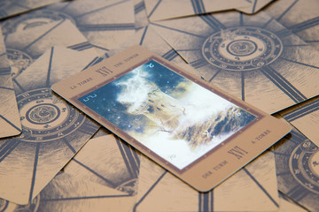 Fototapeta na wymiar Tarot card The Tower. Labirinth tarot deck. Esoteric background.