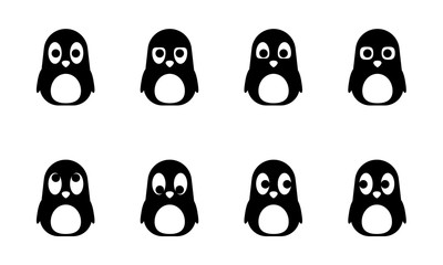 Cartoon set, cute penguin with different emotions, views in a simple flat style. Vector Waterfowl kit, Animals for games, children's illustrations, element for the logo, corporate character, isolated