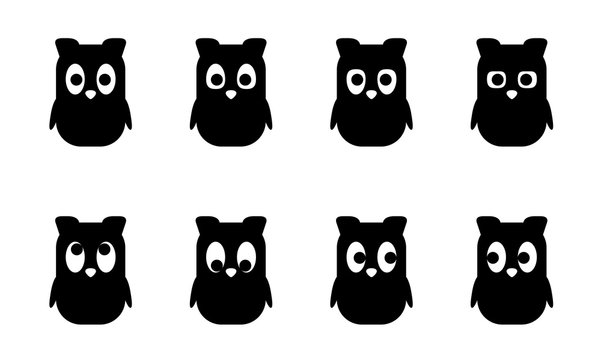 Cartoon set, cute Owl with different emotions, views. Simple flat style. Vector  Animals, nestling for games, animations, children's illustrations, element for the logo, corporate character, isolated