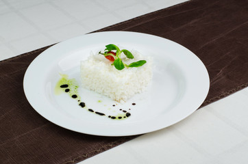 Risotto Cube With Green Leaves, Soy Sauce And Pesto