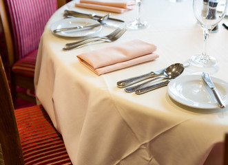 fork and knife on a napkin with plate.