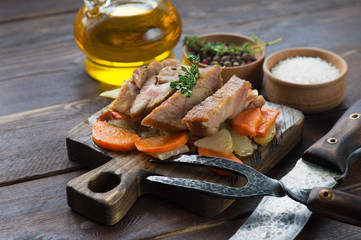 Fried Pork with potatoes and vegetables