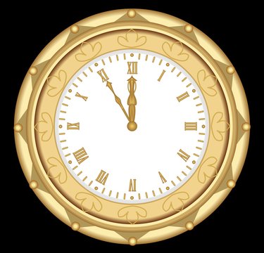 Luxury golden clock in art deco style, isolated object on black background