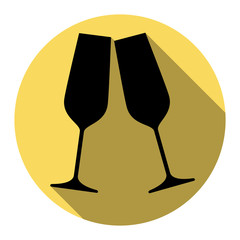 Sparkling champagne glasses. Vector. Flat black icon with flat shadow on royal yellow circle with white background. Isolated.