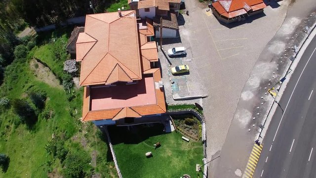Aerial view of hacienda on Lago San Pablo, Volcano Imbabura, Road to Otavalo, Ecuador