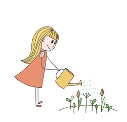 Girl watering flowers. Vector doodle illustration
