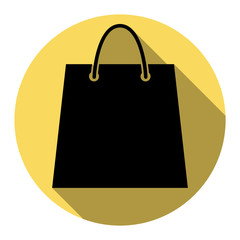 Shopping bag illustration. Vector. Flat black icon with flat shadow on royal yellow circle with white background. Isolated.