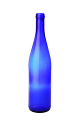Empty dark blue wine bottle. An empty translucent dark blue glass uncorked Riesling wine bottle isolated on white background with work path.
