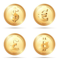 Gold coin set with currency sign. Money and finance symbol. Vector Illustration isolated on white background.