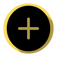 Positive symbol plus sign. Vector. Flat black icon with flat shadow on royal yellow circle with white background. Isolated.