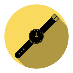 Watch sign illustration. Vector. Flat black icon with flat shadow on royal yellow circle with white background. Isolated.