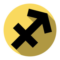 Sagittarius sign illustration. Vector. Flat black icon with flat shadow on royal yellow circle with white background. Isolated.