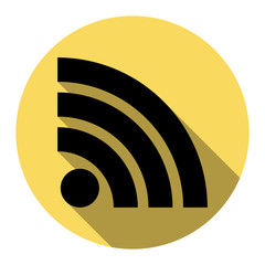 RSS sign illustration. Vector. Flat black icon with flat shadow on royal yellow circle with white background. Isolated.