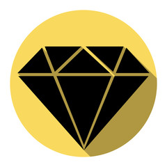 Diamond sign illustration. Vector. Flat black icon with flat shadow on royal yellow circle with white background. Isolated.
