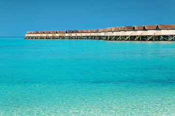 Water bungalows resort at islands. Indian Ocean, Maldives