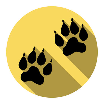 Animal Tracks sign. Vector. Flat black icon with flat shadow on royal yellow circle with white background. Isolated.
