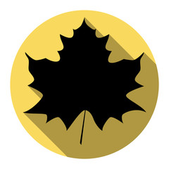 Maple leaf sign. Vector. Flat black icon with flat shadow on royal yellow circle with white background. Isolated.
