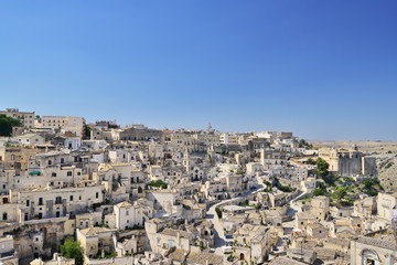 Panoramic view of the medieval ancient town of Matera (Sassi di Matera), Basilicata, Italy.
