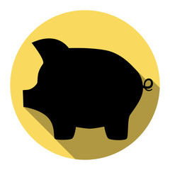 Pig money bank sign. Vector. Flat black icon with flat shadow on royal yellow circle with white background. Isolated.
