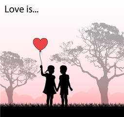 Plakat a pair of lovers of children Stand on the field and holding heart-shaped balloon