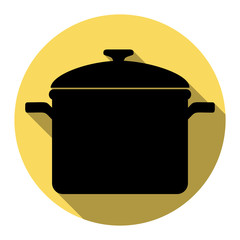 Cooking pan sign. Vector. Flat black icon with flat shadow on royal yellow circle with white background. Isolated.