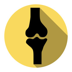 Knee joint sign. Vector. Flat black icon with flat shadow on royal yellow circle with white background. Isolated.
