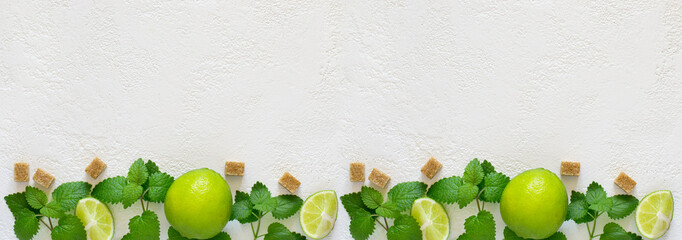 Ingredients for Mojito. Juicy lime, mint and brown sugar. Long banner format