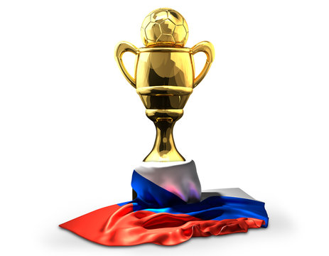 Golden football champion Cup. Front view with soccer football ball. 3D Rendering