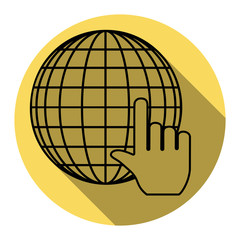 Earth Globe with cursor. Vector. Flat black icon with flat shadow on royal yellow circle with white background. Isolated.