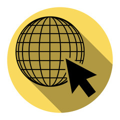 Earth Globe with cursor. Vector. Flat black icon with flat shadow on royal yellow circle with white background. Isolated.