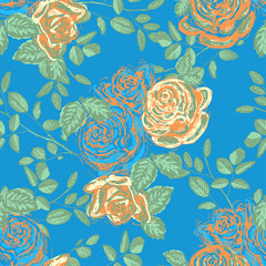 Roses on a blue background. Seamless floral pattern. Template for printing onto fabric, wrapping paper, textiles.