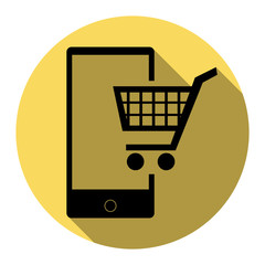 Shopping on smart phone sign. Vector. Flat black icon with flat shadow on royal yellow circle with white background. Isolated.