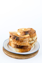 French toast bread on eggs isolated over white background