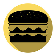 Burger simple sign. Vector. Flat black icon with flat shadow on royal yellow circle with white background. Isolated.