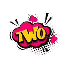 Two comic funny colorful number, count, school, badge cloud vector pop art style. Colored message bubble speech comic cartoon expression illustration. Comics book background template.