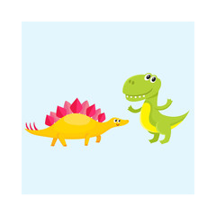 Two cute and funny baby dinosaur characters - stegosaurus and tyrannosaurus, cartoon vector illustration isolated on white background. Happy smiling stegosaurus and T-rex dinosaur characters