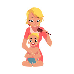 Young mother combing her baby's hair after bath, half length portrait, cartoon vector illustration isolated on white background. Blond mother combing hair for her baby, child care concept