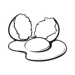 Cracked, broken and spilled chicken egg, sketch style vector illustration isolated on white background. Hand drawn, sketched raw, uncooked chicken egg and halves of eggshell