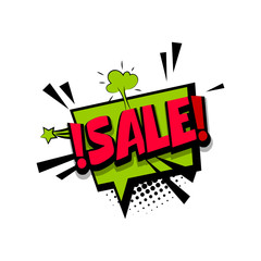 Sale comic funny colorful discount offer badge cloud vector pop art style. Colored message bubble speech comic cartoon expression illustration. Comics book background template.