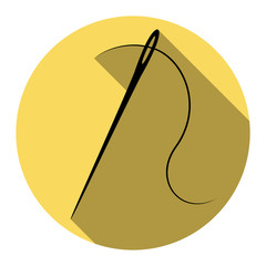 Needle with thread. Sewing needle, needle for sewing. Vector. Flat black icon with flat shadow on royal yellow circle with white background. Isolated.