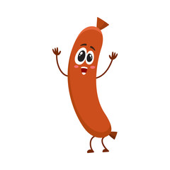 Cute and funny sausage character with human face showing awe, admiring something, cartoon vector illustration isolated on white background. Sausage character, mascot, looking at something with awe