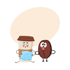 Crazy coffee bean and sleepy paper cup characters, breakfast, morning, wake up concept, cartoon vector illustration with place for text. Coffee bean and paper coffee cup characters, mascots