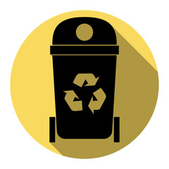 Trashcan sign illustration. Vector. Flat black icon with flat shadow on royal yellow circle with white background. Isolated.
