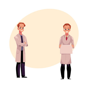 Two male doctors in medical coats, one holding blank board, sign, plate, another with folded arms, cartoon vector illustration with place for text. Full length portrait of two man doctors