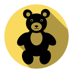 Teddy bear sign illustration. Vector. Flat black icon with flat shadow on royal yellow circle with white background. Isolated.