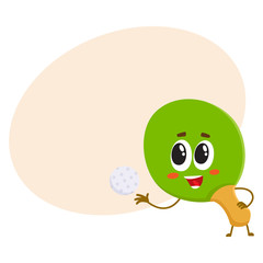 Funny table tennis, ping pong racket character with human face, cartoon vector illustration with place for text. Smiling table tennis, ping pong racket character, sport equipment