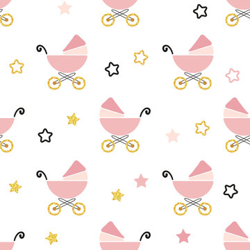 Baby shower seamless pattern. Vector background with pink carriages and stars. 