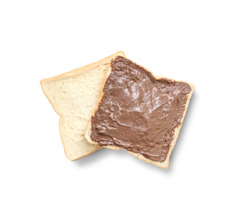 Closeup two slice bread for breakfast with chocolate for breakfast isolated on white background with shadow