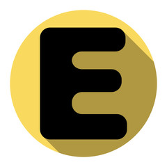 Letter E sign design template element. Vector. Flat black icon with flat shadow on royal yellow circle with white background. Isolated.